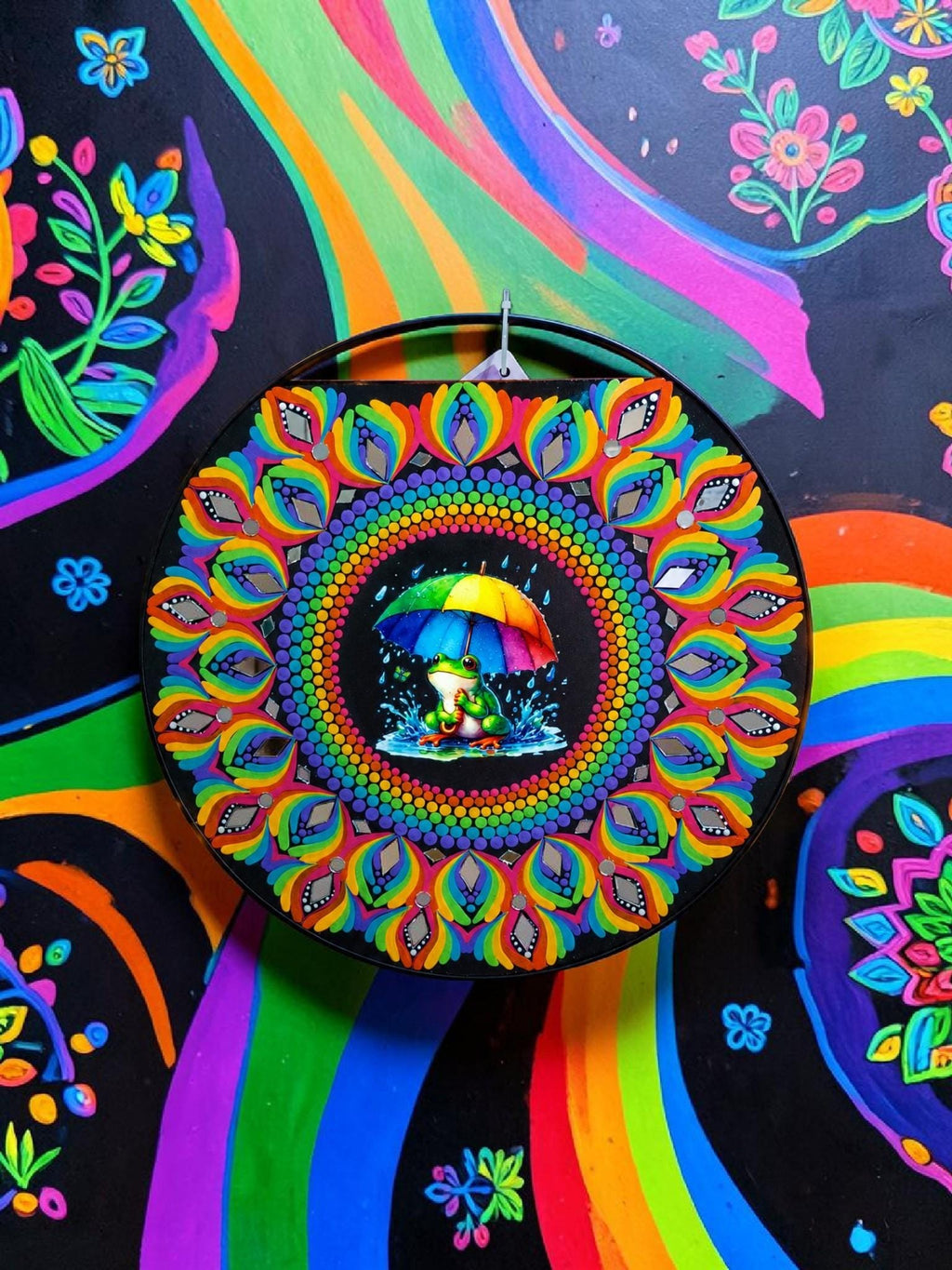 16" “Rainbow Frog in the Rain” Mandala Art