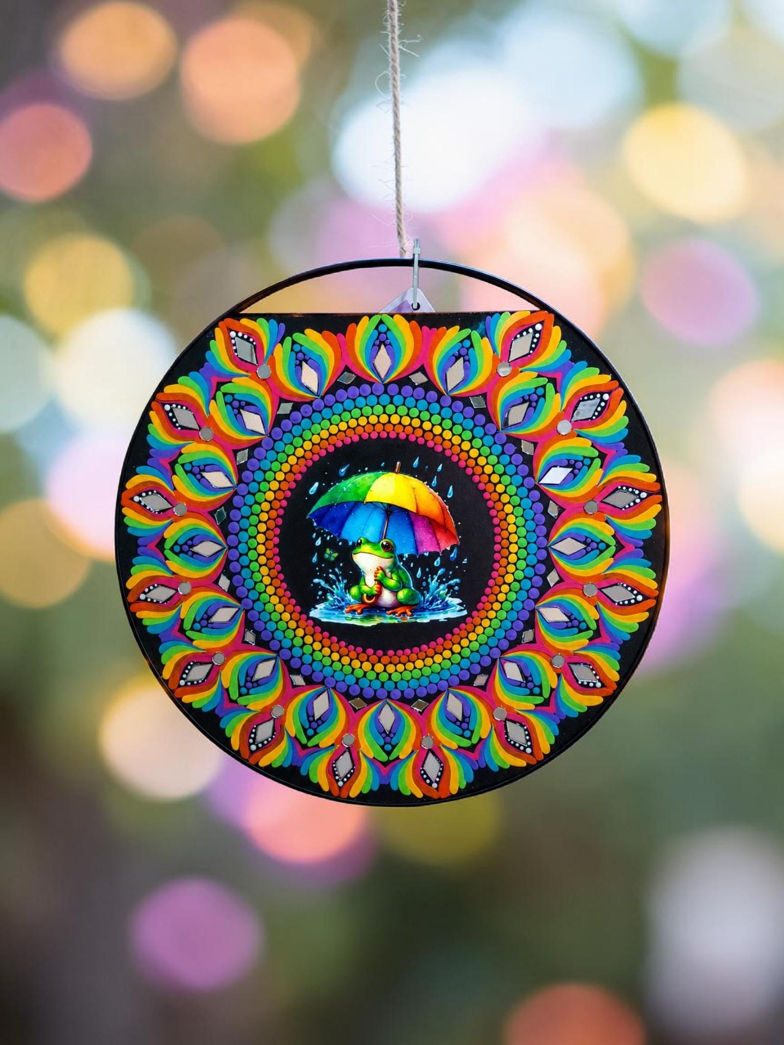 16" “Rainbow Frog in the Rain” Mandala Art