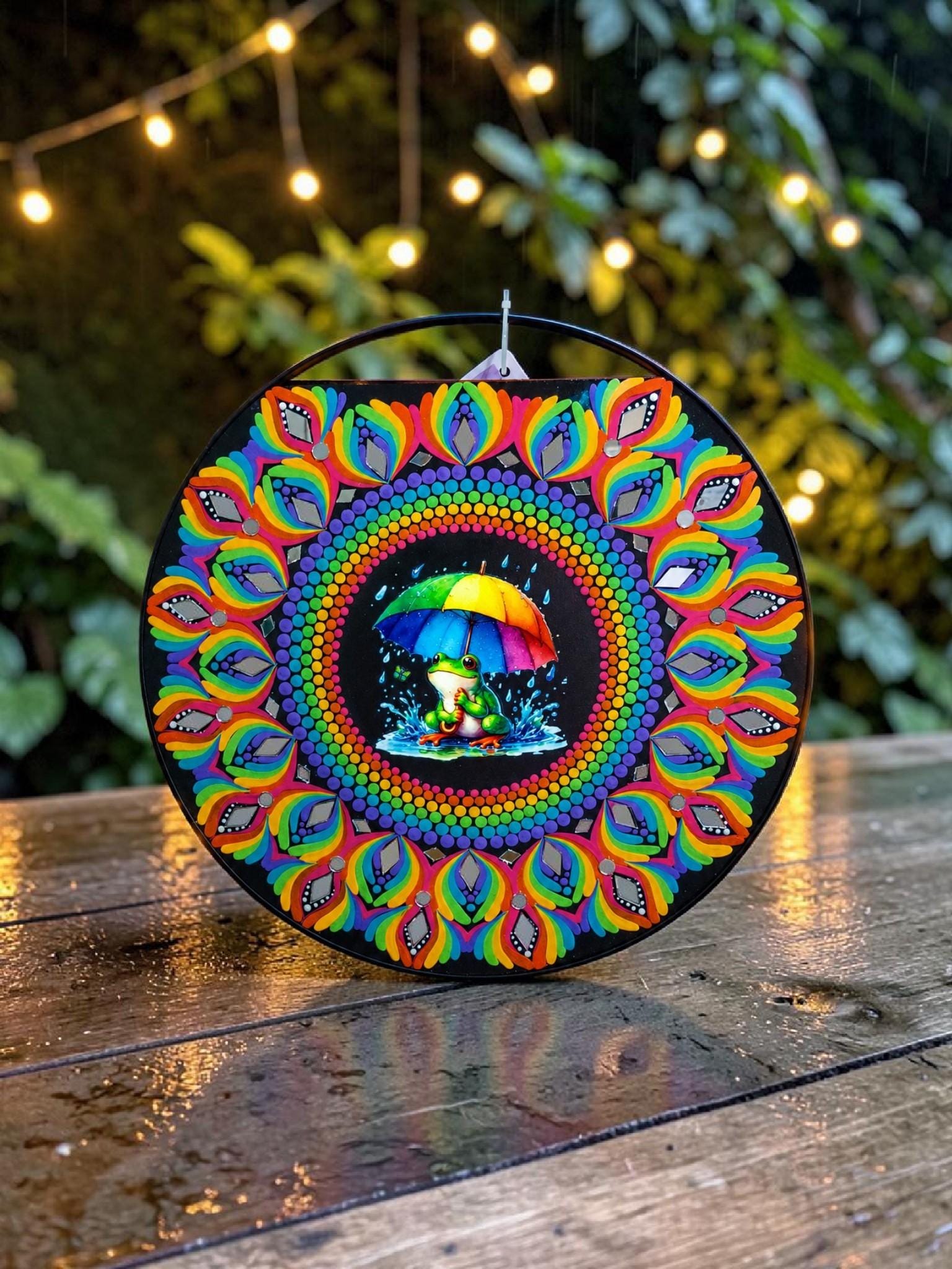 16" “Rainbow Frog in the Rain” Mandala Art