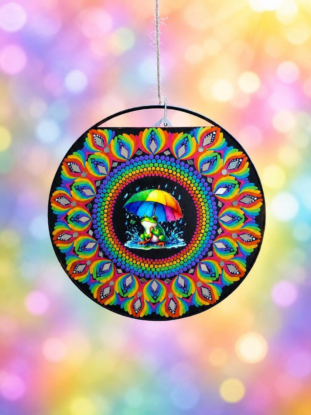 16" “Rainbow Frog in the Rain” Mandala Art