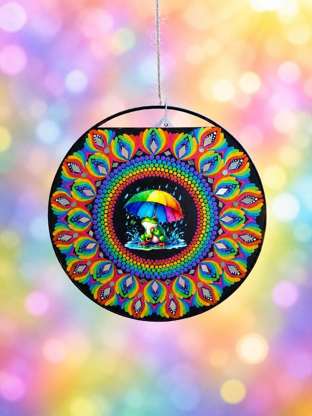 16" “Rainbow Frog in the Rain” Mandala Art