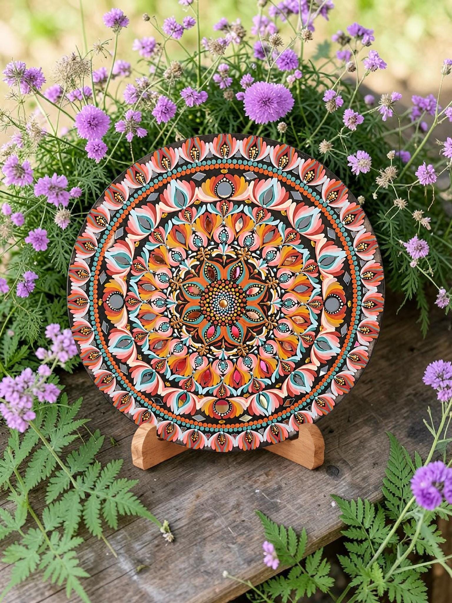 22" Sunset Bloom Mandala – Hand‑Painted Art