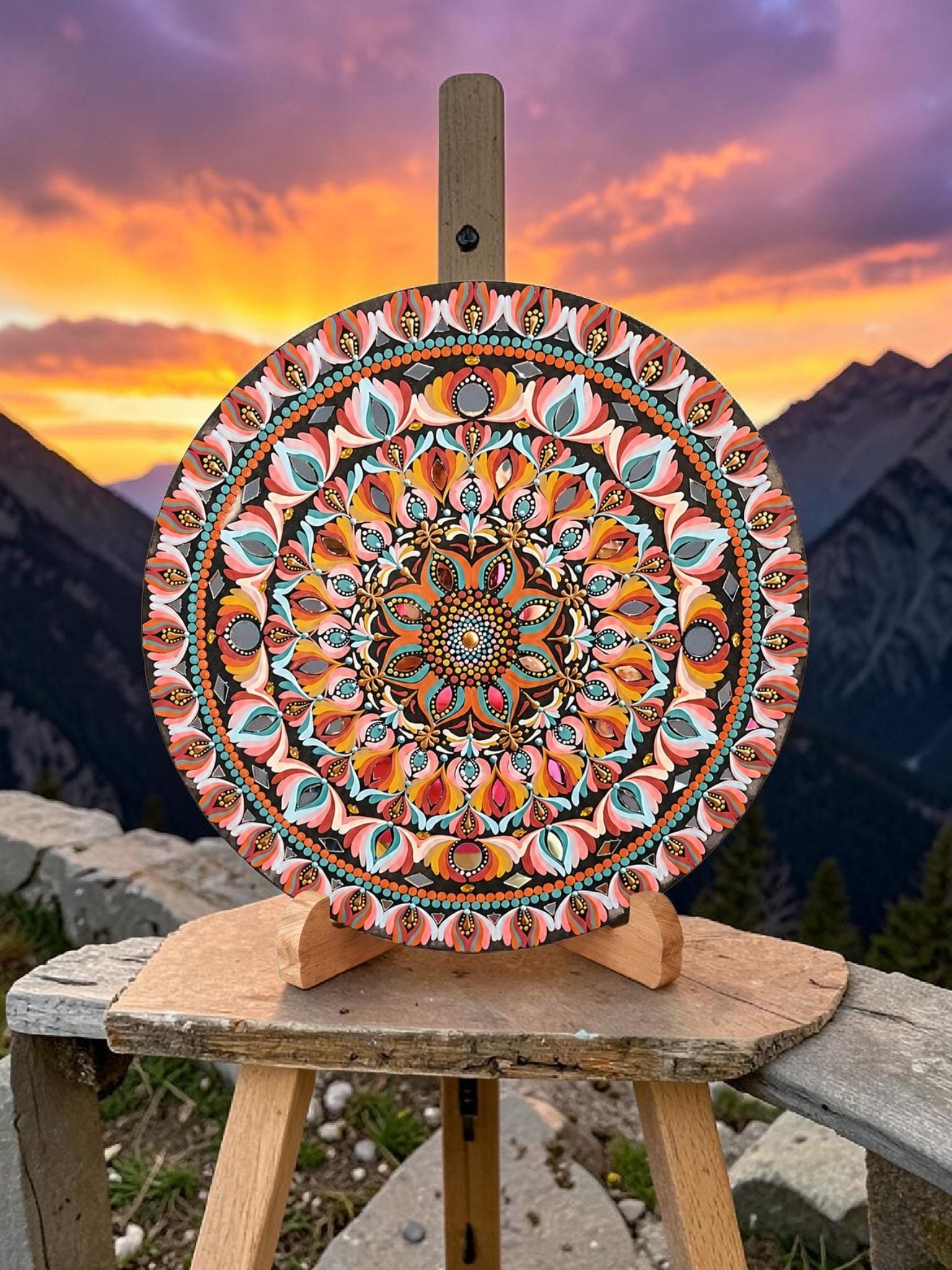 22" Sunset Bloom Mandala – Hand‑Painted Art