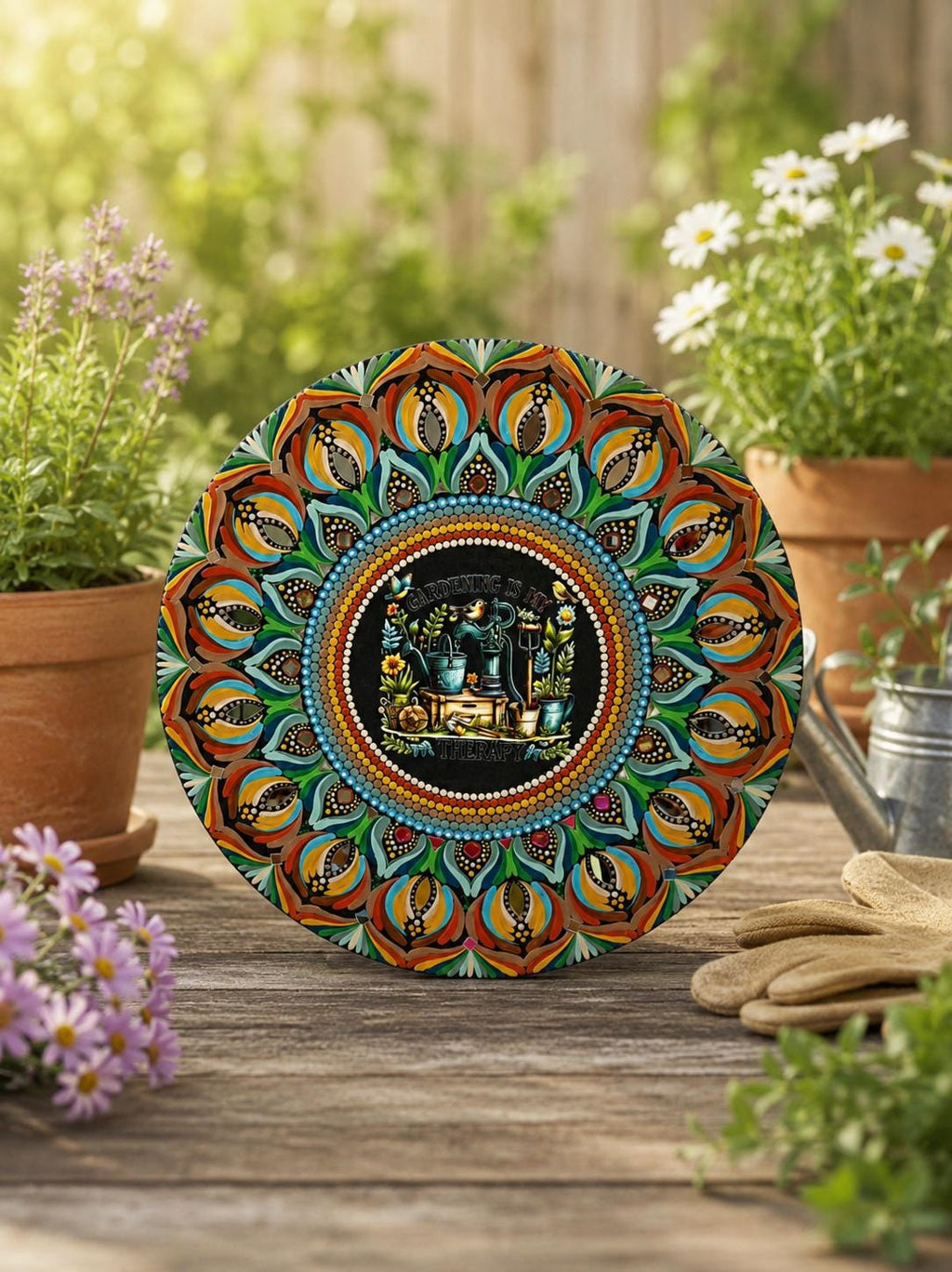 19.5" “Gardening Is My Therapy” Mandala Art