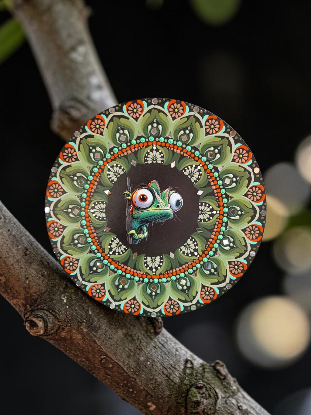 16" Chameleon Mandala – Hand‑Painted Mandala Art