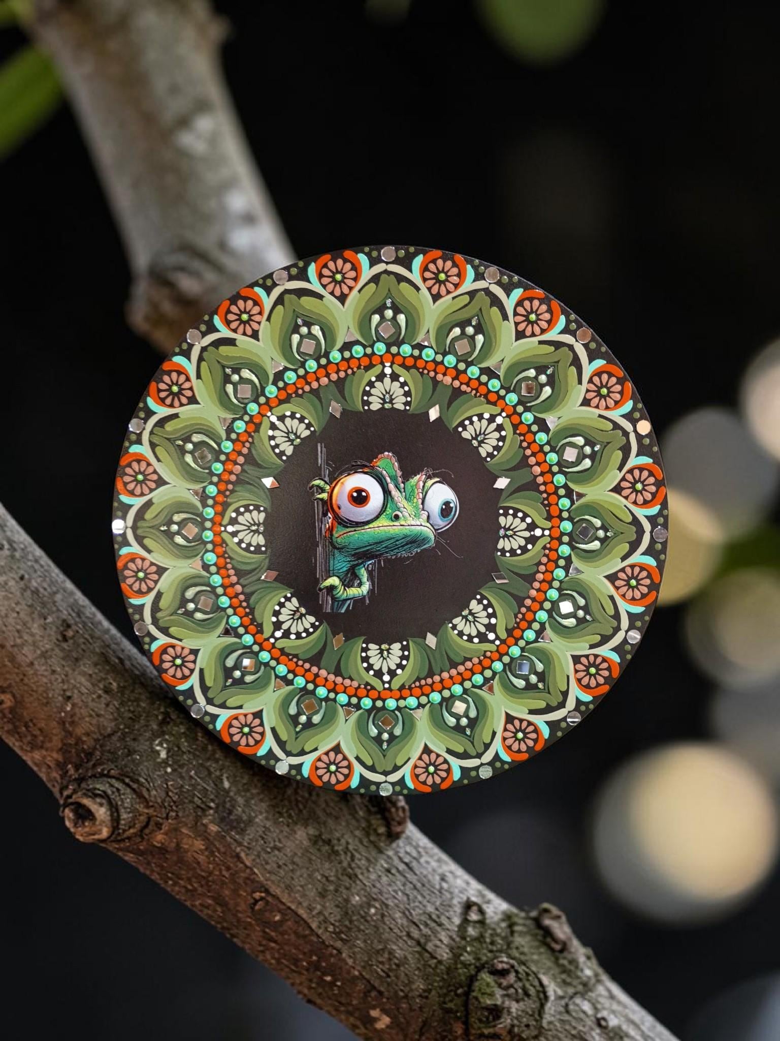 16" Chameleon Mandala – Hand‑Painted Mandala Art