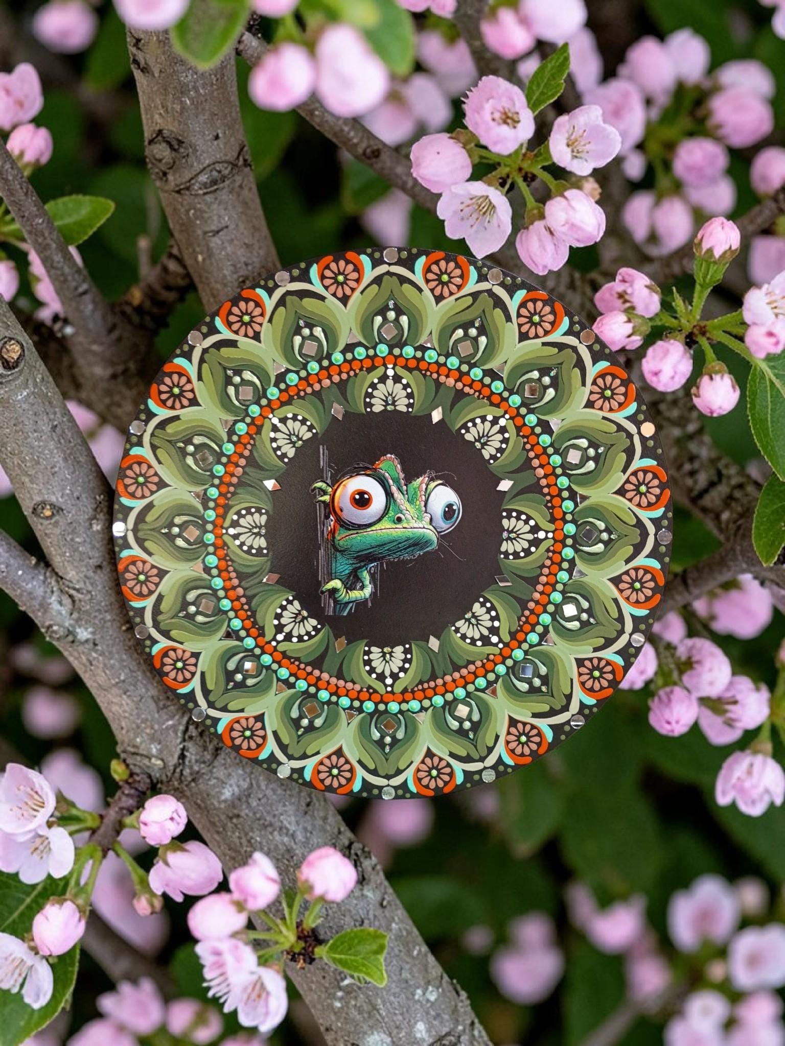 16" Chameleon Mandala – Hand‑Painted Mandala Art
