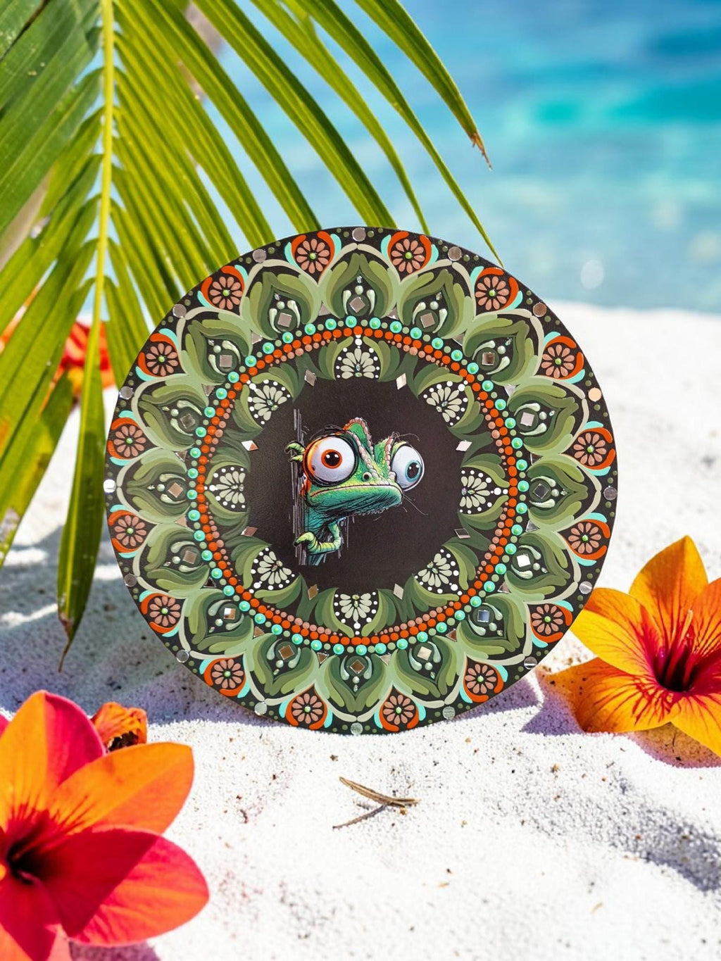 16" Chameleon Mandala – Hand‑Painted Mandala Art