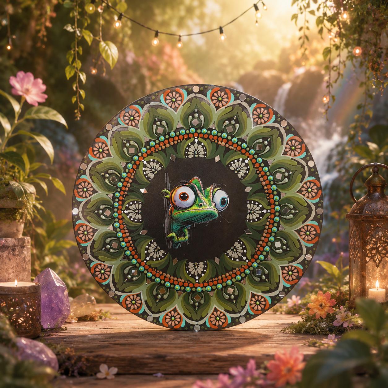 16" Chameleon Mandala – Hand‑Painted Mandala Art