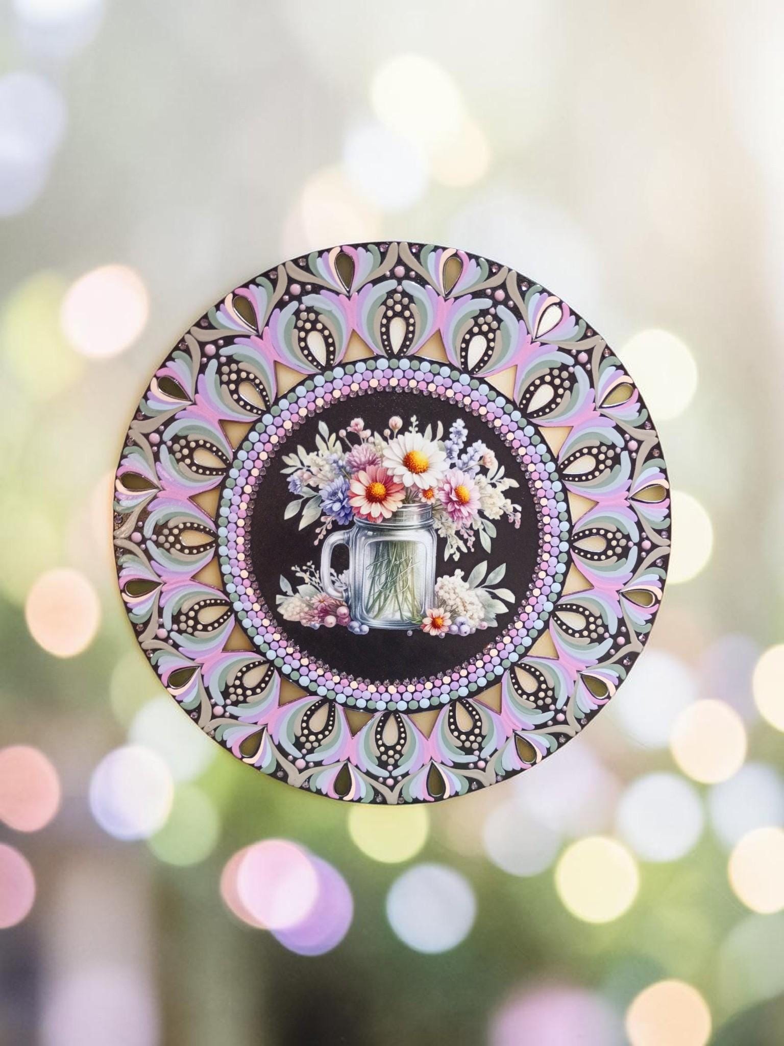 16" Floral Jar Mandala – Hand‑Painted Mandala Art