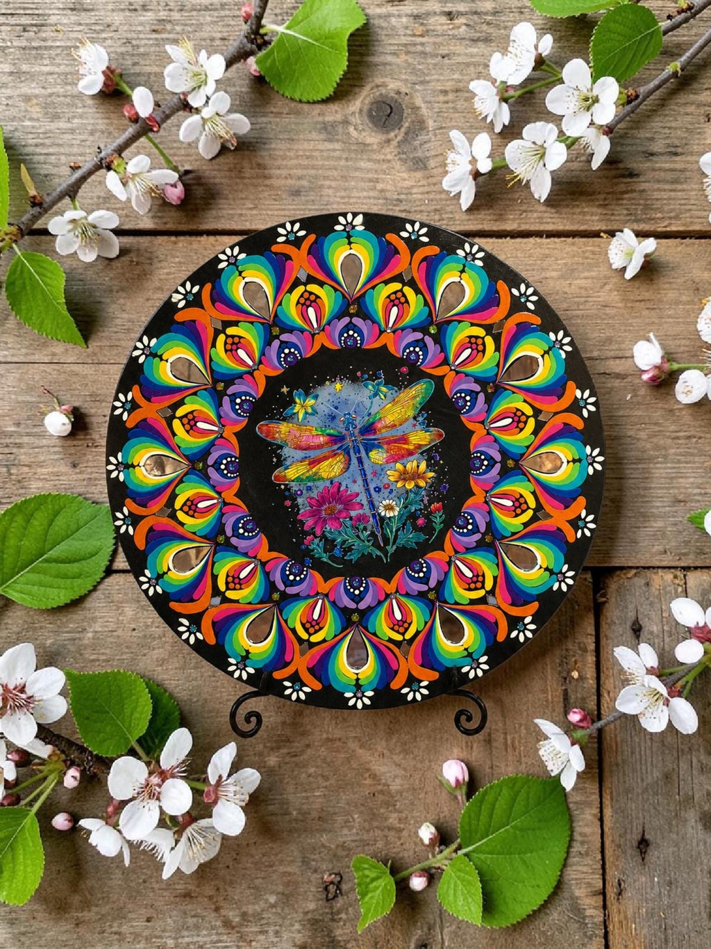 16" Dragonfly Themed Hand‑Painted Rainbow Mandala Art