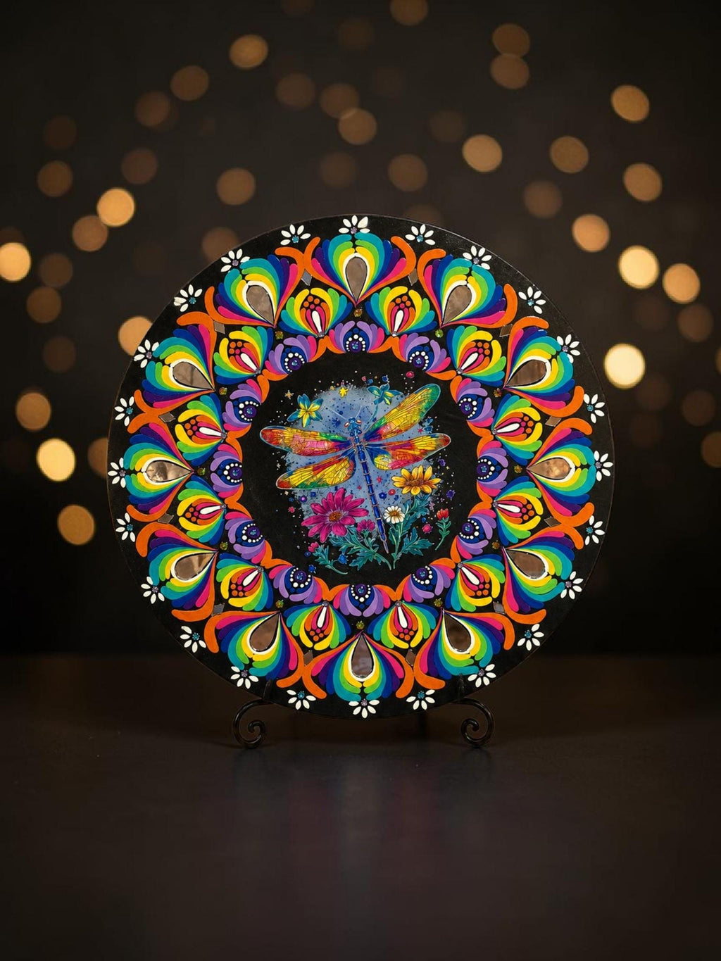 16" Dragonfly Themed Hand‑Painted Rainbow Mandala Art