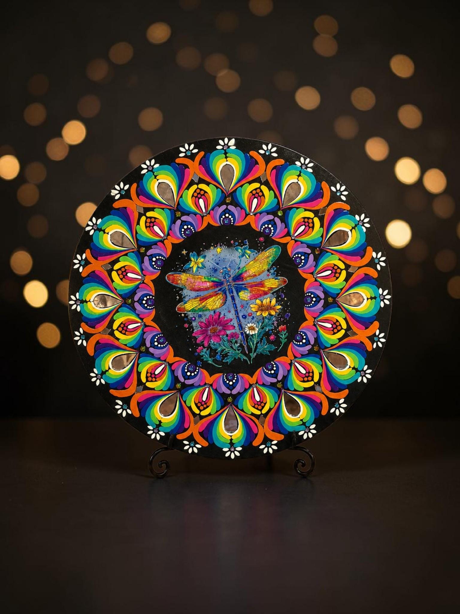 16" Dragonfly Themed Hand‑Painted Rainbow Mandala Art