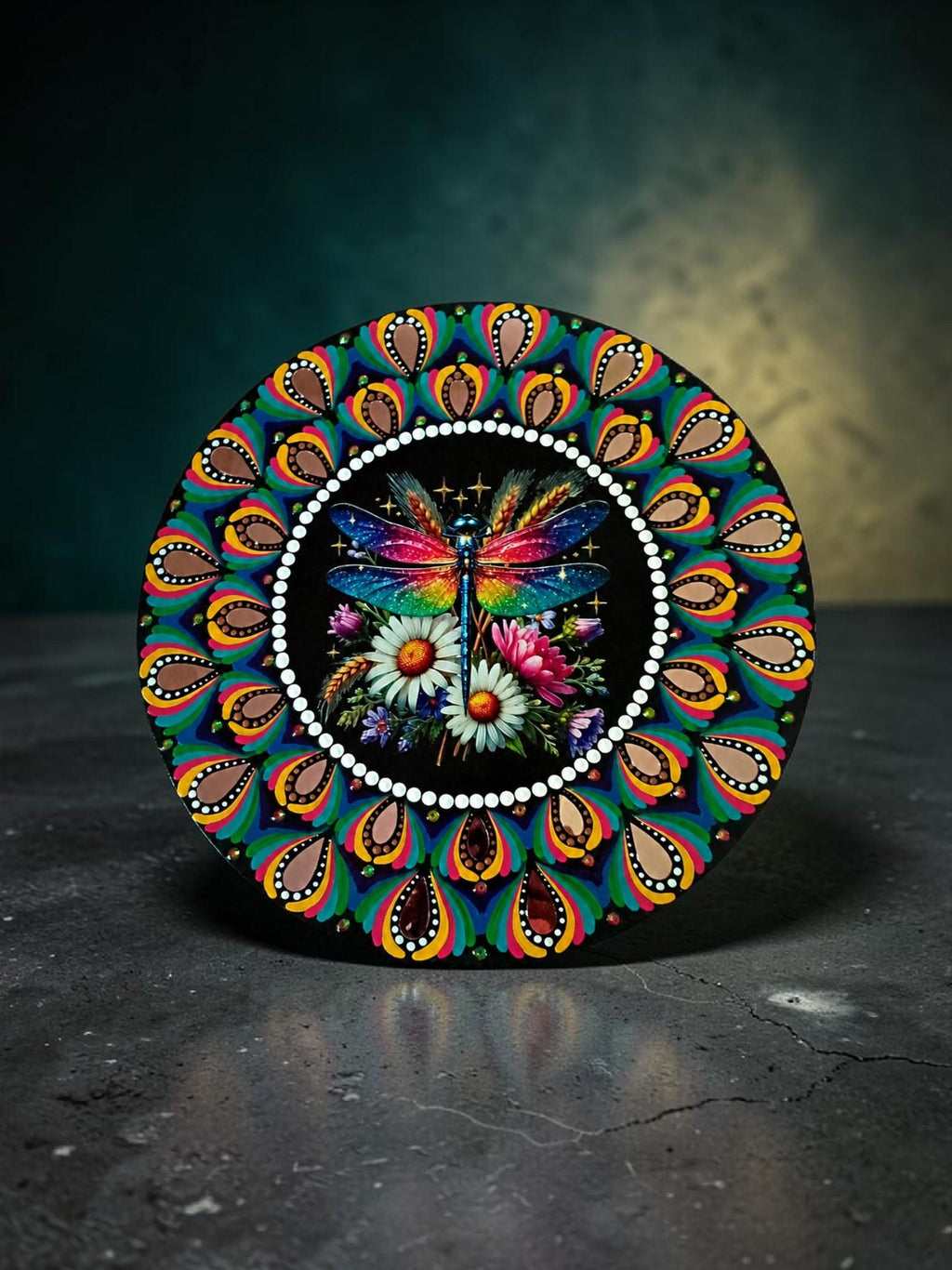 16" Dragonfly Themed Hand‑Painted Rainbow Mandala Art