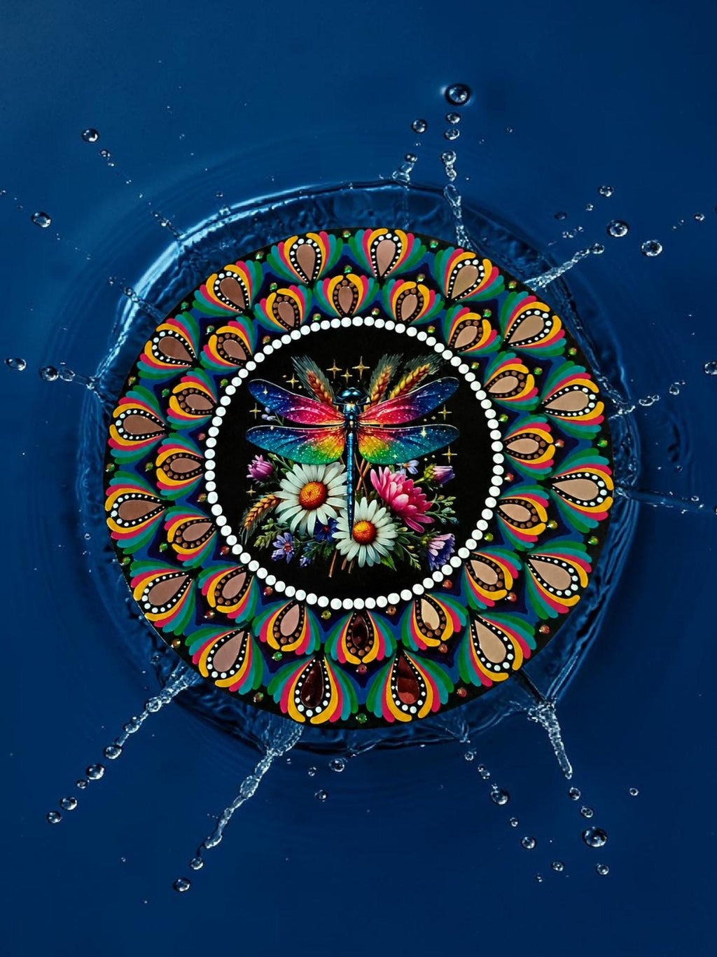 16" Dragonfly Themed Hand‑Painted Rainbow Mandala Art