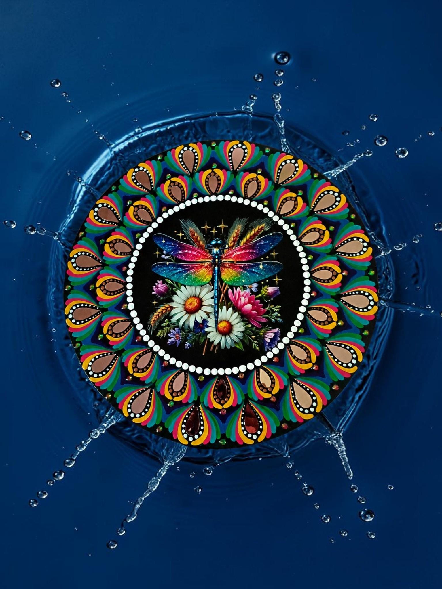 16" Dragonfly Themed Hand‑Painted Rainbow Mandala Art