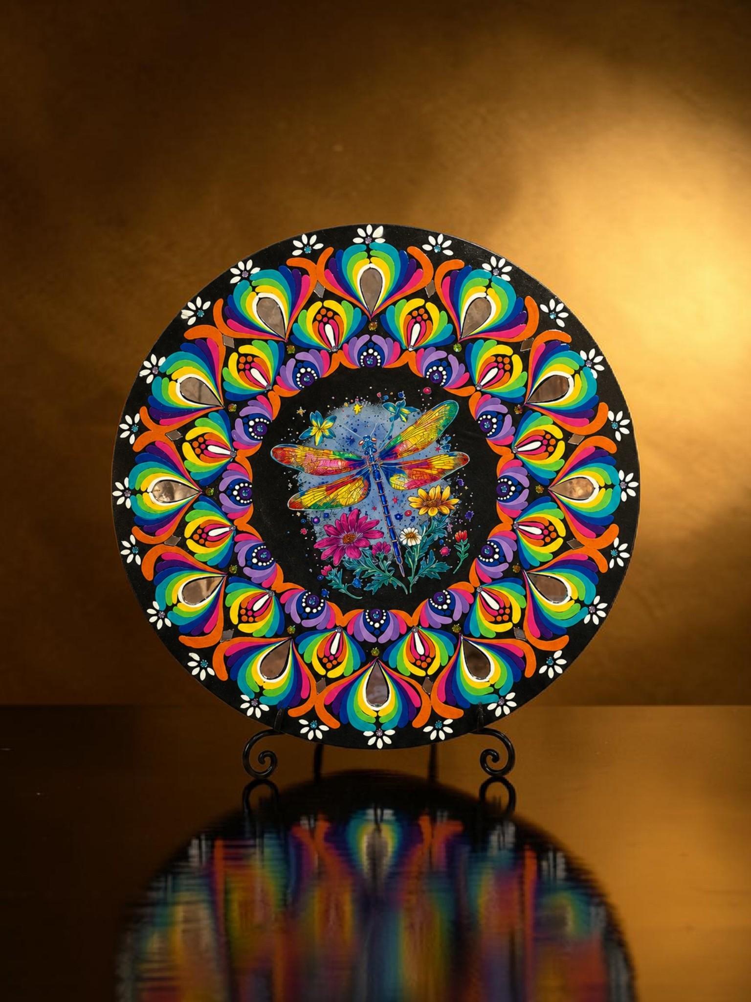 16" Dragonfly Themed Hand‑Painted Rainbow Mandala Art