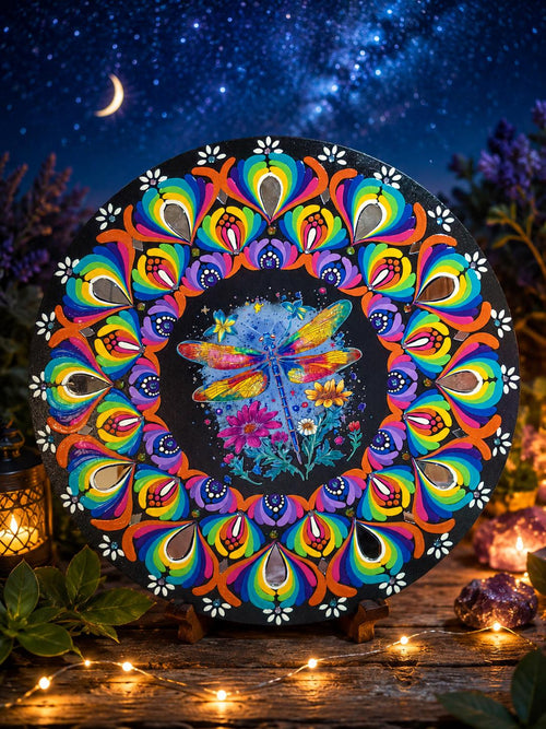 16" Dragonfly Themed Hand‑Painted Rainbow Mandala Art