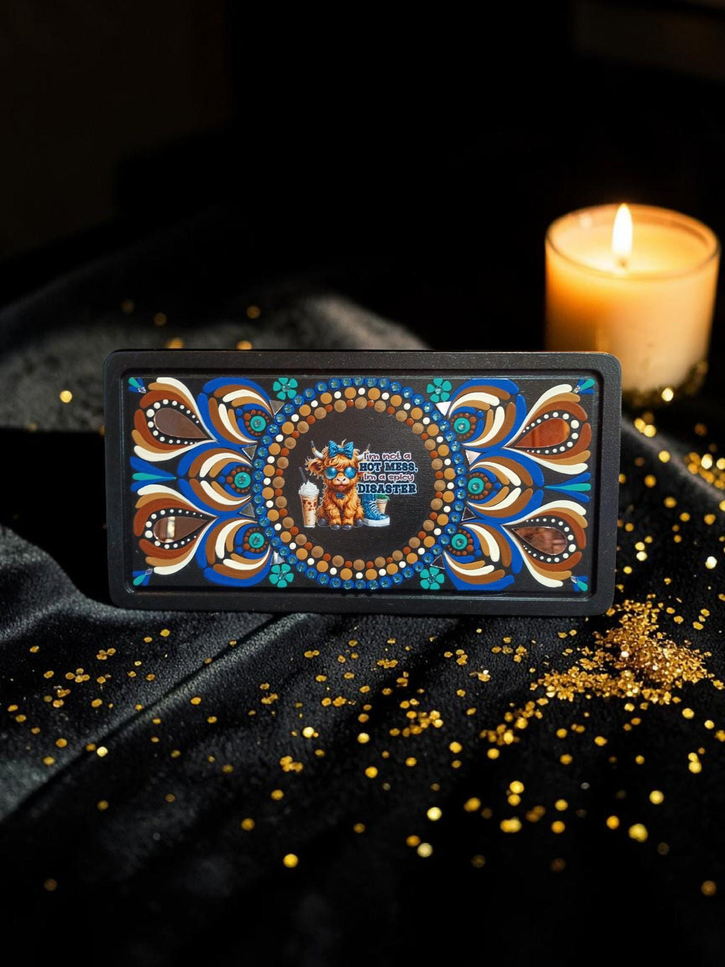 12.5" × 6.5" “I’m Not a Hot Mess, I’m a Spicy Disaster” Highland Cow Mandala Plaque