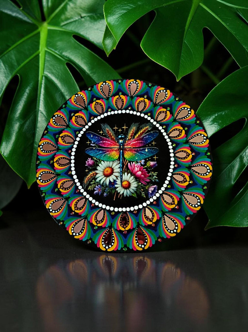 16" Dragonfly Themed Hand‑Painted Rainbow Mandala Art