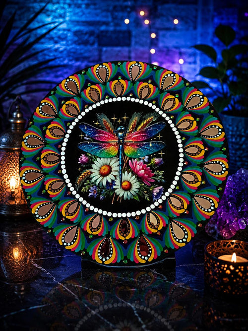 16" Dragonfly Themed Hand‑Painted Rainbow Mandala Art