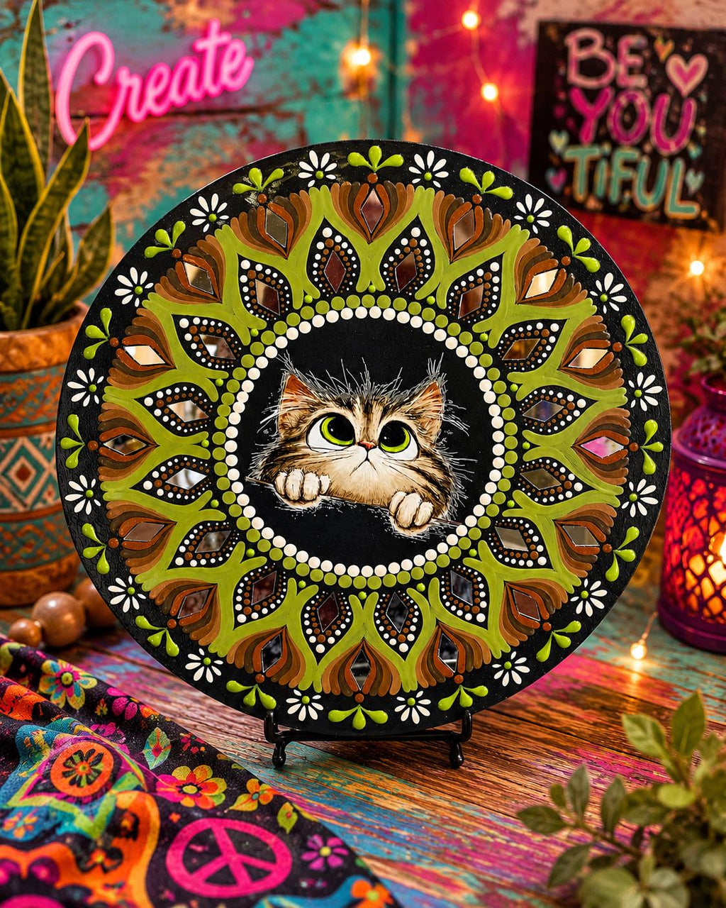 14" Whimsical Kitten Themed Hand‑Painted Mandala Art