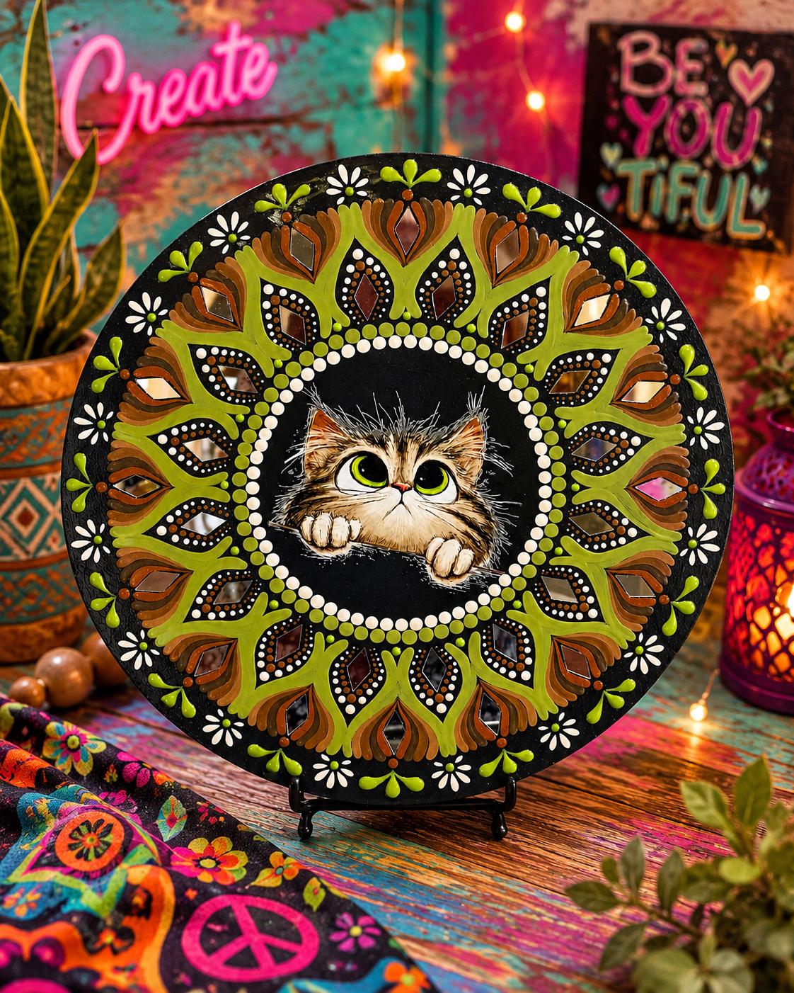 14" Whimsical Kitten Themed Hand‑Painted Mandala Art