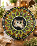 14" Whimsical Kitten Themed Hand‑Painted Mandala Art
