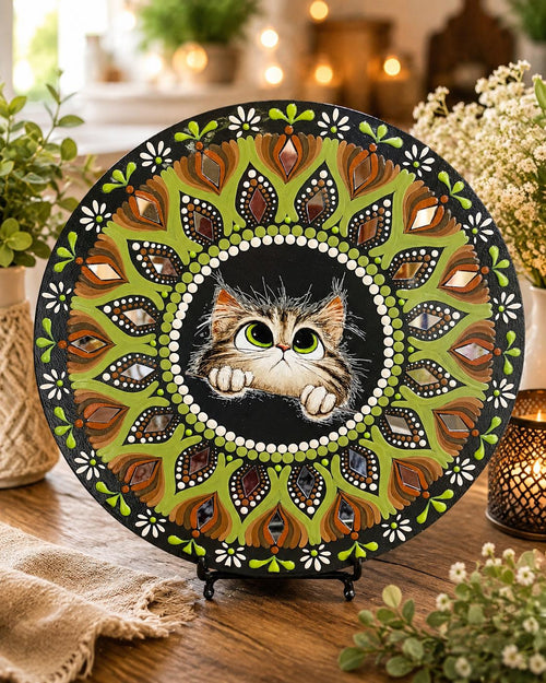 14" Whimsical Kitten Themed Hand‑Painted Mandala Art