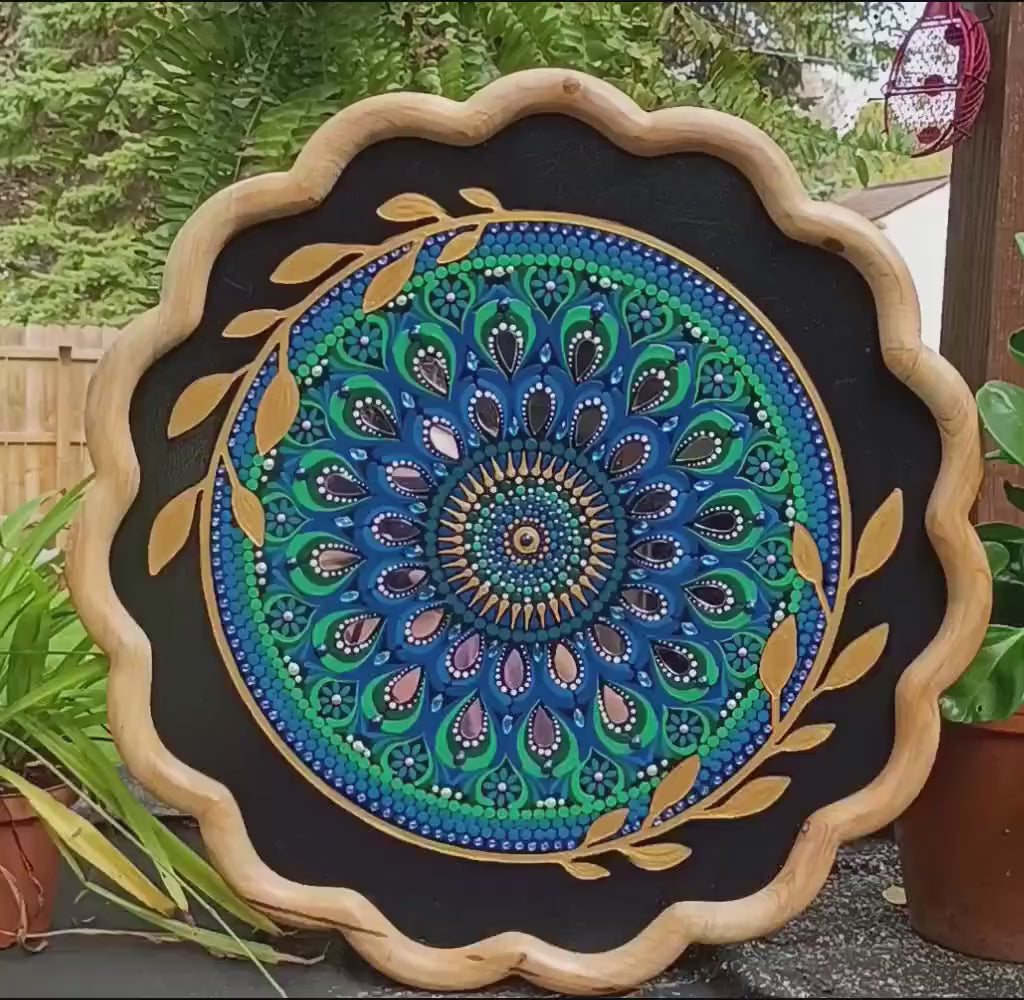 23" Hand-Painted Mandala Wall Hanging: Blue, Green & Turquoise Acrylic, Beaded Hanger