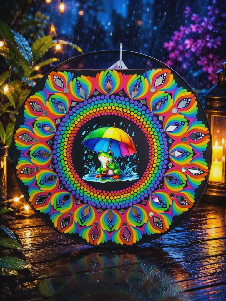 16" “Rainbow Frog in the Rain” Mandala Art
