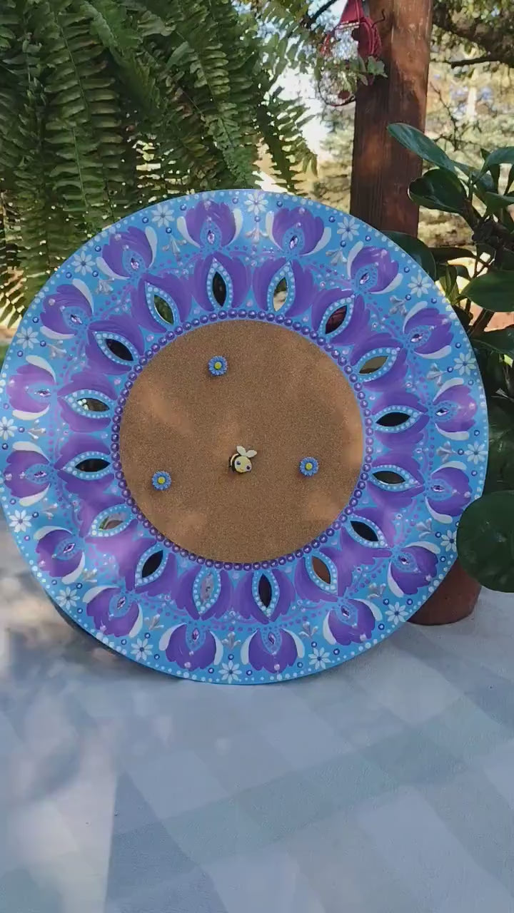 16" Hand-Painted Mandala Bulletin Board: Round Wood Dot Art with Mirror Accents