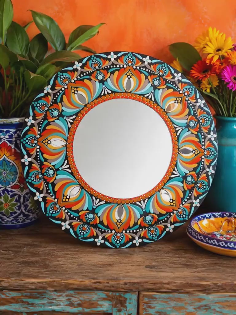 16" mandala mirror bursts with turquoise, orange, blue, and crisp white