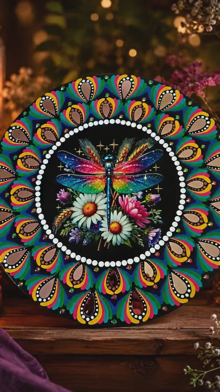 16" Dragonfly Themed Hand‑Painted Rainbow Mandala Art