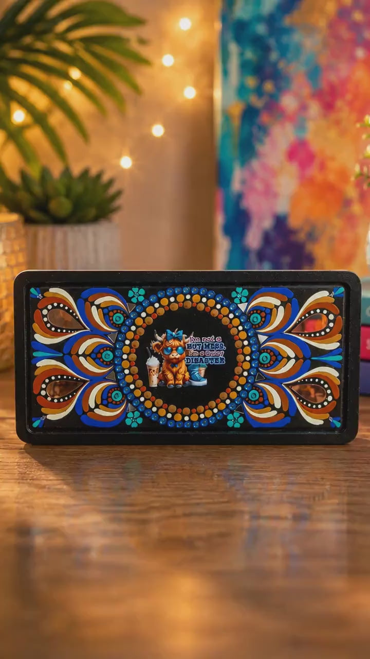 12.5" × 6.5" “I’m Not a Hot Mess, I’m a Spicy Disaster” Highland Cow Mandala Plaque
