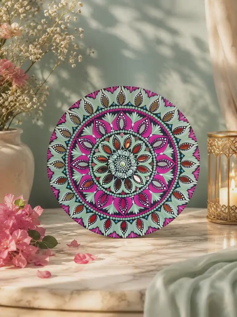 16" Hand-Painted Mandala Acrylic Art - Wall Hanging in Soft Green and Rose