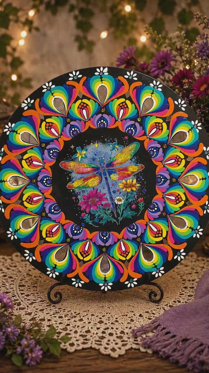 16" Dragonfly Themed Hand‑Painted Rainbow Mandala Art