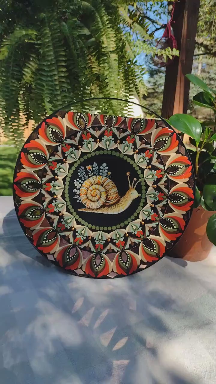 16" Hand-Painted Snail Mandala Acrylic Art - Fall Colors Wall Hanging
